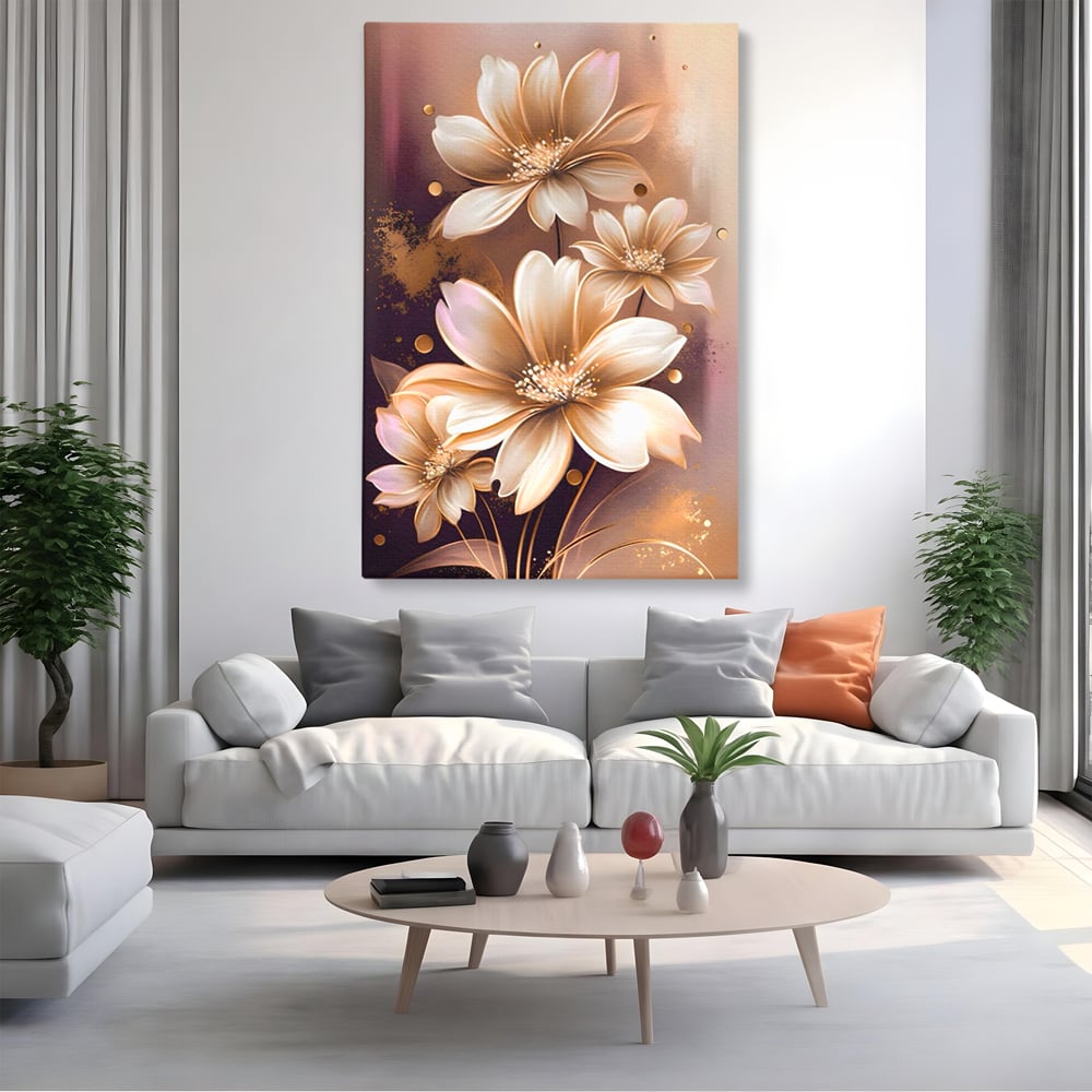 Tablou canvas cu tablou canvas cu flori aurii pe fond maro, fara rama, pe sasiu de lemn, pe perete intr-un living